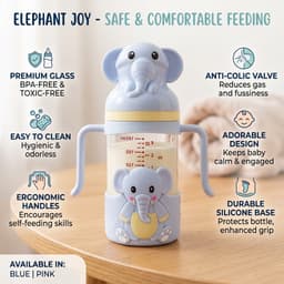 Elephant Glass Baby Feeding Bottle 180ml | BPA-Free Infant Milk & Water Bottle with Easy-Grip Handles, Protective 3D Silicone Sleeve | Clear Measurement Marks for Newborns, Infants & Toddlers (Blue), photo 2