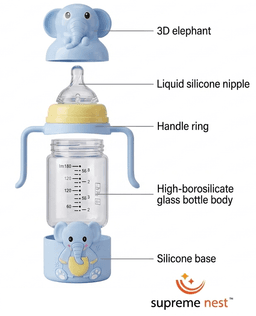 Elephant Glass Baby Feeding Bottle 180ml | BPA-Free Infant Milk & Water Bottle with Easy-Grip Handles, Protective 3D Silicone Sleeve | Clear Measurement Marks for Newborns, Infants & Toddlers (Blue), photo 5