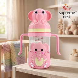 Elephant Glass Baby Feeding Bottle 180ml | BPA-Free Infant Milk & Water Bottle with Easy-Grip Handles, Protective 3D Silicone Sleeve | Clear Measurement Marks for Newborns, Infants & Toddlers (Pink), photo 2