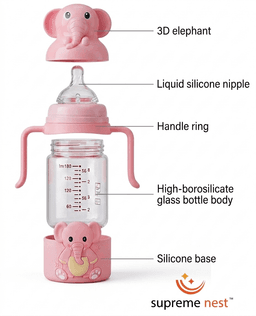 Elephant Glass Baby Feeding Bottle 180ml | BPA-Free Infant Milk & Water Bottle with Easy-Grip Handles, Protective 3D Silicone Sleeve | Clear Measurement Marks for Newborns, Infants & Toddlers (Pink), photo 4