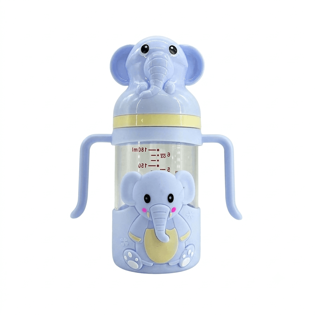 Elephant Glass Baby Feeding Bottle 180ml | BPA-Free Infant Milk & Water Bottle with Easy-Grip Handles, Protective 3D Silicone Sleeve | Clear Measurement Marks for Newborns, Infants & Toddlers (Blue)