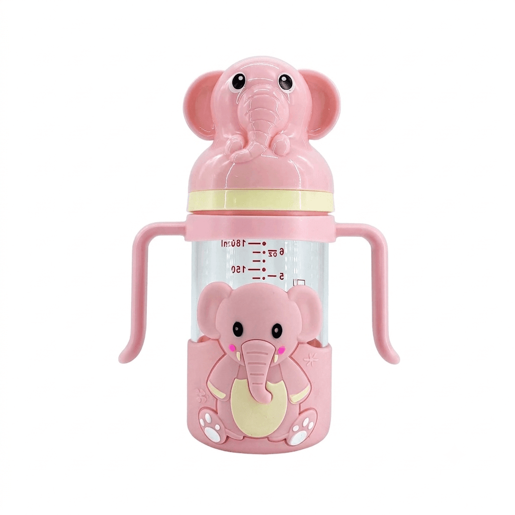 Elephant Glass Baby Feeding Bottle 180ml | BPA-Free Infant Milk & Water Bottle with Easy-Grip Handles, Protective 3D Silicone Sleeve | Clear Measurement Marks for Newborns, Infants & Toddlers (Pink)